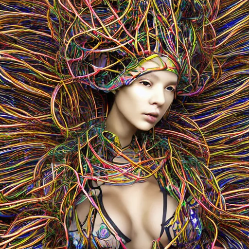 Image similar to swimming deeper into the multiverse, piles of modular synth cables mixed with mangrove roots, kawaii puerto rican goddess emergent wearing a headpiece made of circuit boards, by cameron gray, wlop, stanley kubrick, masamune, hideki anno, jamie hewlett, unique perspective, trending on artstation, 3 d render, vivid