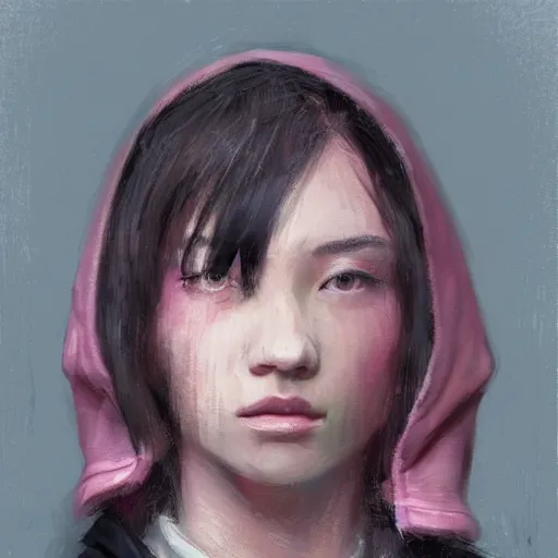 Image similar to Portrait of a woman by Greg Rutkowski, she is about 18 years old, mixture between japanese and british, messy bob black hair, young, pale, tired but friendly look, she's wearing a a pink oversized hoodie and a black adidas tracksuit, highly detailed portrait, scifi, digital painting, artstation, concept art, smooth, sharp foccus ilustration, Artstation HQ