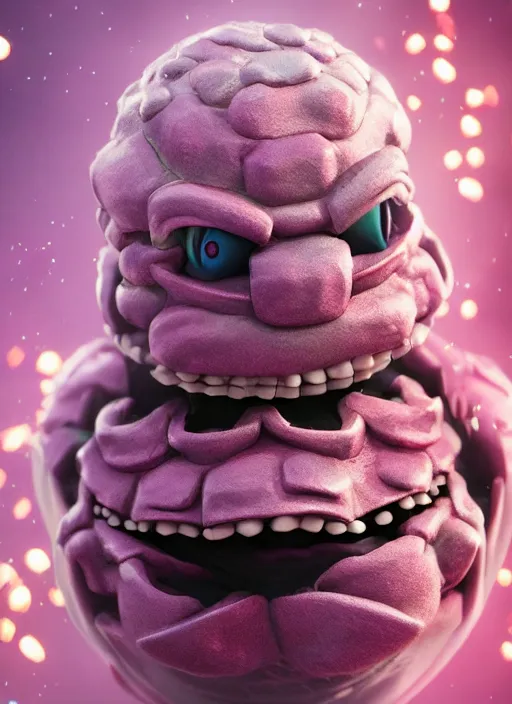 Image similar to Krang standing with black jar, enchanted, magical, cotton candy trees, cinematic shot, intricate, ornate, photorealistic, ultra detailed, realistic, 100mm, photography, octane, high definition, depth of field, bokeh, 8k, behance, artstation