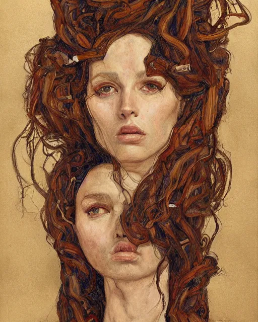 Prompt: portrait of a powerful medusa with many pythons by greg rutkowski in the style of egon schiele