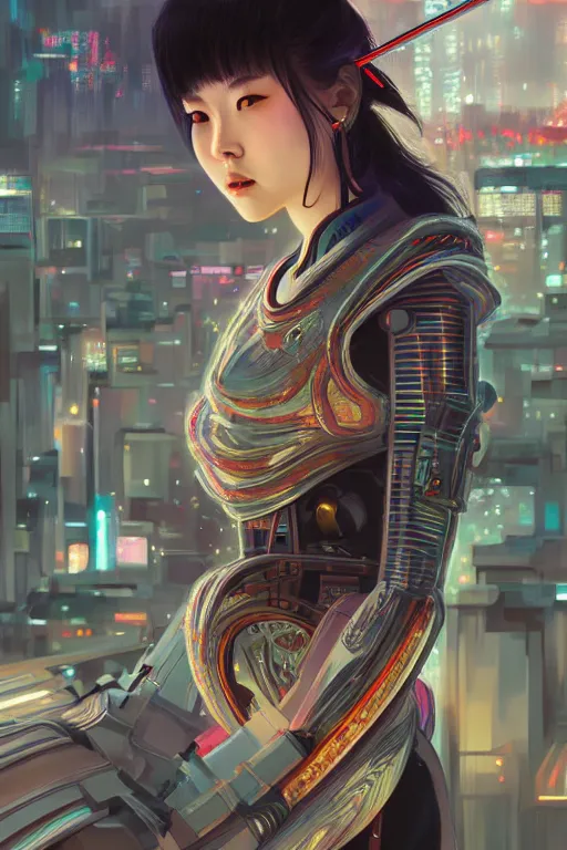 Image similar to portrait futuristic Samurai Girl, in future cyberpunk tokyo rooftop , ssci-fi, fantasy, intricate, very very beautiful, elegant, neon light, highly detailed, digital painting, artstation, concept art, smooth, sharp focus, illustration, art by tian zi and WLOP and alphonse mucha