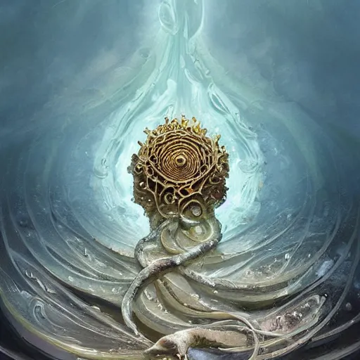 Prompt: decorative ornamental shrine of holy god of the sea, acanthus scroll, ceremonial clouds, dripping paint, fibonacci rhythm, kelp, barnacle, artstation, art germ, wlop, karol bak, christopher balaskas