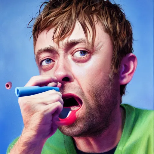 Prompt: Damon Albarn blowing into a kazoo looking like he's about to pass out, oil painting, digital art, trending on artstation, realistic, hyperrealistic, detailed, very detailed, highly detaild, HD quality, 8k resolution