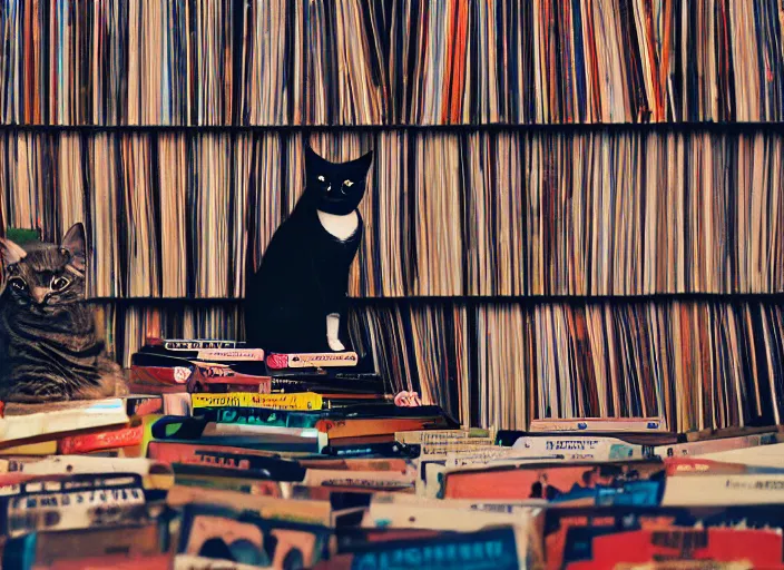 Image similar to photography of a Cat sitting on a pile of books and vinyls. a record player is in the shot. in a room full of vinyls and posters out of the 70's, photorealistic, raining award winning photo, 100mm, sharp, high res