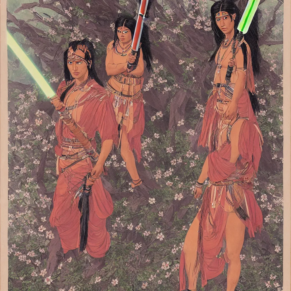 Prompt: full body portrait of Iroquois warrior princess souronded with the Indian crowd of fighters in fighting poses , she holds light saber and looks directly into the camera, blossoming sakura leafs falls into the river, beautiful symmetrical face, big eyes, big lips, ornamental semi transparent robes, native rich jewelry