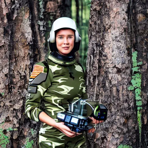 Image similar to a female space scout wearing a camo uniform with white armor exploring a forest planet