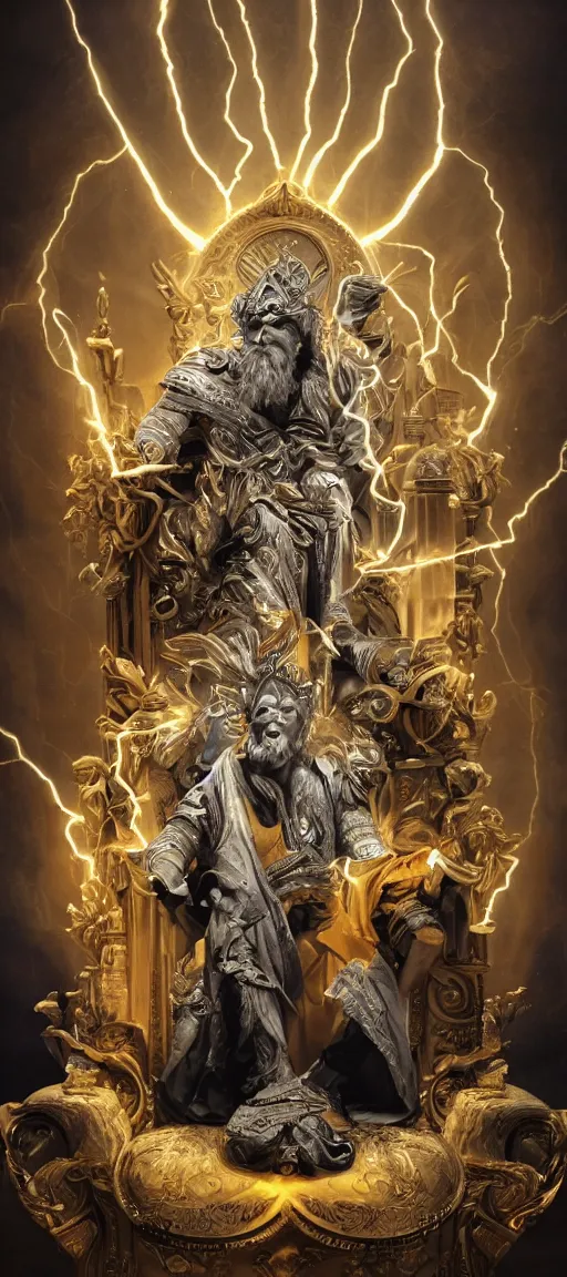 Prompt: a zeus god with villet lightning bolts in his hands sitting on a detailed throne in the clouds, symmetrical, cinematic movie poster, detailed 8k, occlusion pass, high details, unreal engine 5, cinematic, ornate, rendered in octane, inspired by alex ross, by james gurney, by peter mohrbacher, trending on artstation, trading on zbrushcentral
