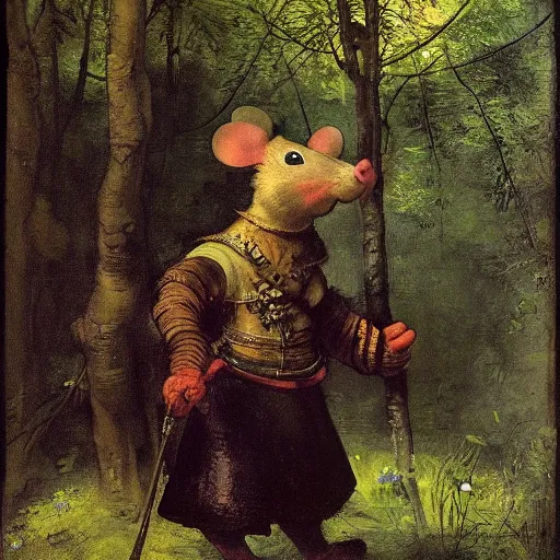 Prompt: an adventurous anthropomorphic mouse wearing medieval clothing walking through a lush forest, vasnetsov, Rembrandt