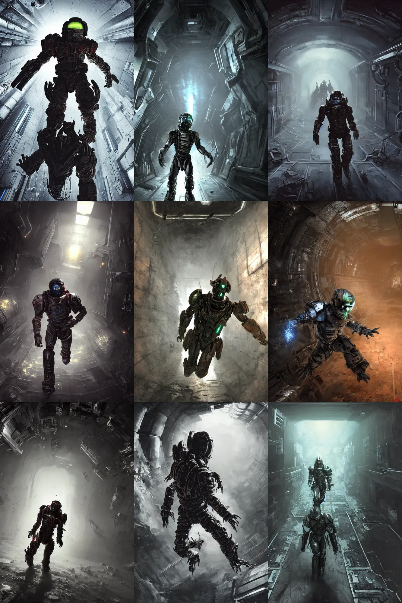 Prompt: horror movie scene of an individual in futuristic armor, being chased down a hallway, running through a deep space mining space station, rusty metal walls, broken pipes, side angle, dark colors, muted colors, tense atmosphere, mist floats in the air, amazing value control, dead space, moody colors, dramatic lighting, ussg ishimura, frank frazetta
