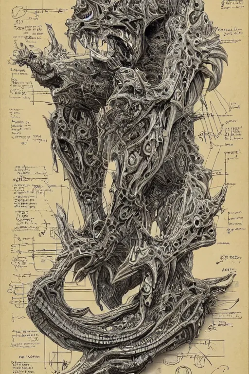 Image similar to A concept of a detailed and intricate design of a monster anatomy 3d design, great finesse organic hyper detailed, engineering blueprints, technical drawings, calculus, stained paper