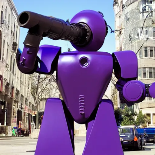 Prompt: giant toy soldier robot destroying a city laser, purple