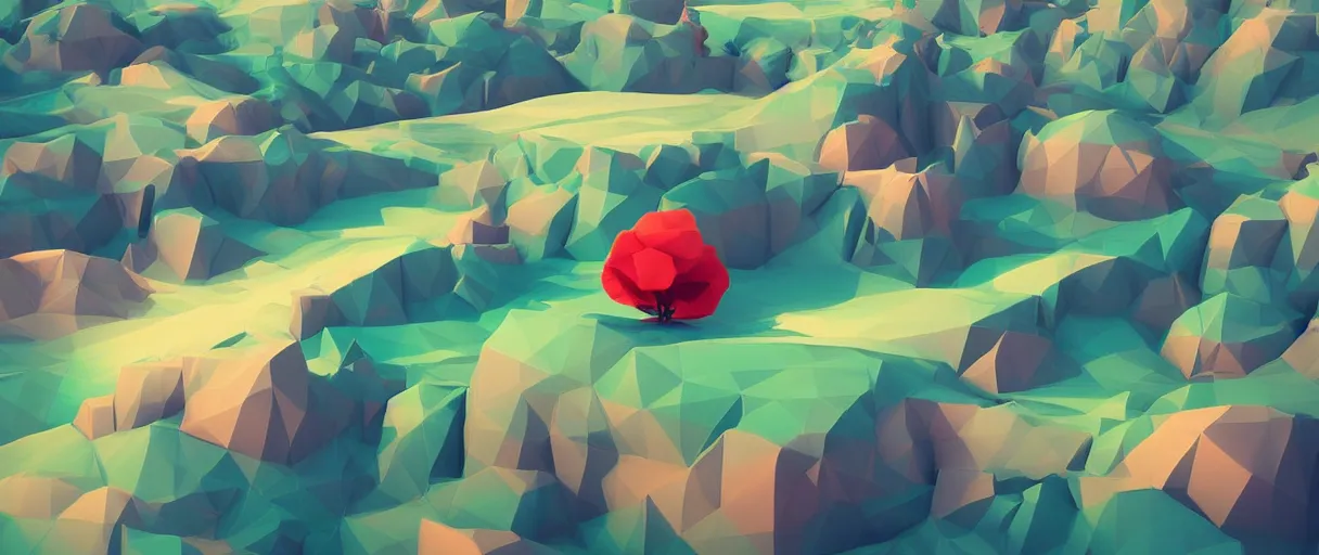 Image similar to 3 d render, mountain landscape, digital art, low poly art, minimalist, poppy, journey game, lowpoly landscape, particles floating, unreal engine, dreamy, brush strokes, bounce light, sunny, complementary palette, redsinski