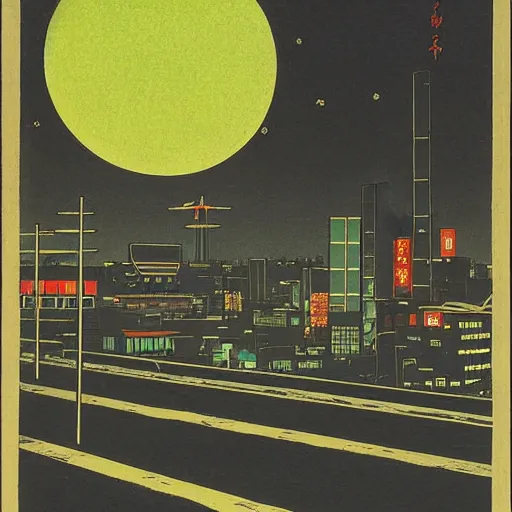 Prompt: Neon Tokyo bathed in moonlight by Hasui Kawase and Lyonel Feininger