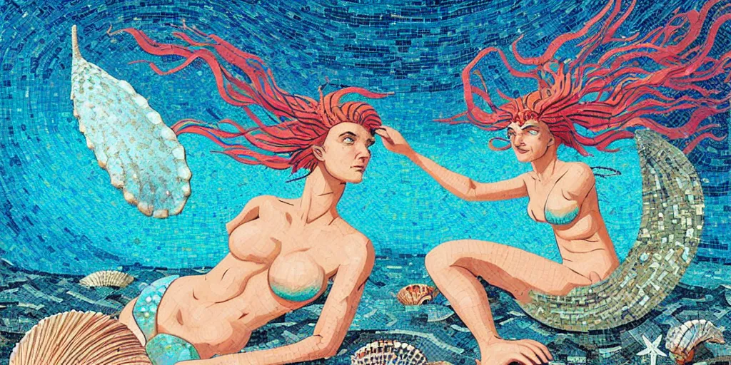 Image similar to ancient roman mosaic of bluehair mermaid with a shell bikini on sea floor, low ceiling, illustration by moebius, rhads, dan mumford, victo ngai, clean thick line, comics style