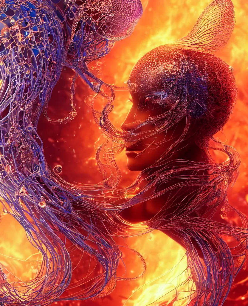 Image similar to close-up macro portrait of the face of a beautiful princess, epic angle and pose, symmetrical artwork, 3d with depth of field, blurred background, cybernetic jellyfish female face skull phoenix bird, translucent, nautilus, energy flows of water and fire. a highly detailed epic cinematic concept art CG render. made in Maya, Blender and Photoshop, octane render, excellent composition, cinematic dystopian brutalist atmosphere, dynamic dramatic cinematic lighting, aesthetic, very inspirational, arthouse. y Greg Rutkowski, Ilya Kuvshinov, WLOP, Stanley Artgerm Lau, Ruan Jia and Fenghua Zhong