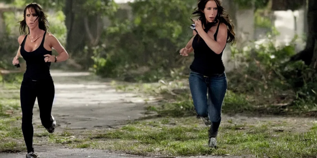 Prompt: Jennifer Love Hewitt running away from a serial killer, hyper detailed, cinematic, movie still