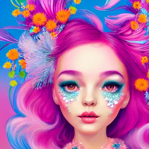 Prompt: a divine feminine woman, pink hair, rosey cheeks, sparkles on eyelids, surrounded by lush flowers and feathers in bright abstract colours, ultra realistic digital painting, artstation, concept art, pop, smooth, sharp focus, illustration, art by mark ryden, and lisa frank 3 d 8 k ultra detailed