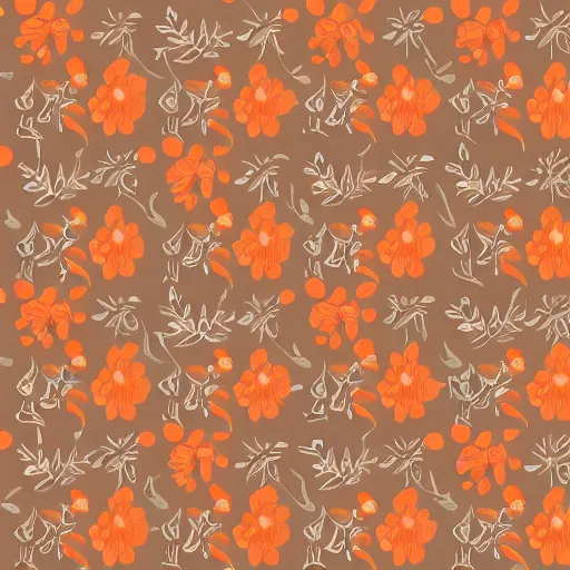 Image similar to repeating fabric pattern, minimalistic, miniature tiny orange and peach color flowers, brown vines and leaves