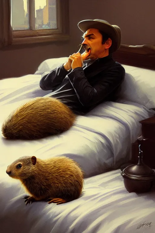 Image similar to groundhog smoking pot lies on the bed, realistic portrait, highly detailed, digital painting, artstation, concept art, smooth, sharp focus, illustration, cinematic lighting, art by artgerm and greg rutkowski and alphonse mucha