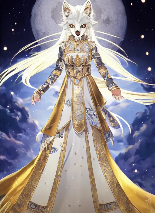 Image similar to commissioned full body portrait of a female anthro wolf princess fursona with white hair wearing a white and gold Japanese armored dress in a white and gold palace on a starry night with a large crescent moon, by a professional manga illustrator, Stanley Artgerm Lau, WLOP, Rossdraws, James Jean, Andrei Riabovitchev, Marc Simonetti, and Sakimichan, trending on artstation