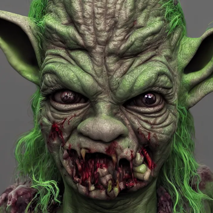 Image similar to zombie yoda, yoda as a zombie, zombified, scary, hyperrealistic, digital render, octane, artstation