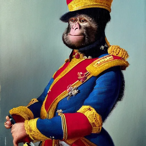 Prompt: An exquisite modern painting of a monkey dressed like a bearded Napoleon with correct military uniform, no frames