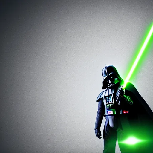 Image similar to A studio image of Darth Vader holding a green lightsaber, ray tracing, black background, 4k, hyper detailed, studio lighting, movie set,