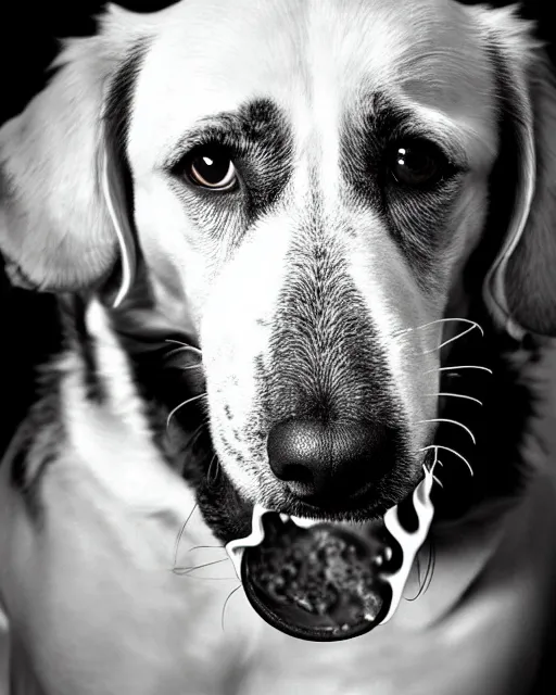 Image similar to portrait of a dog with ice cream dripping from its nose, detailed medium format photo, polaroid still, black and white, helmut newton, high production value, intricate details, high resolution, hyperrealistic, hdr, high definition, award winning photography, masterpiece, ultra realistic, highly detailed, hd, sharp focus, cinematic lighting, shaded, non blurry, sharp, smooth