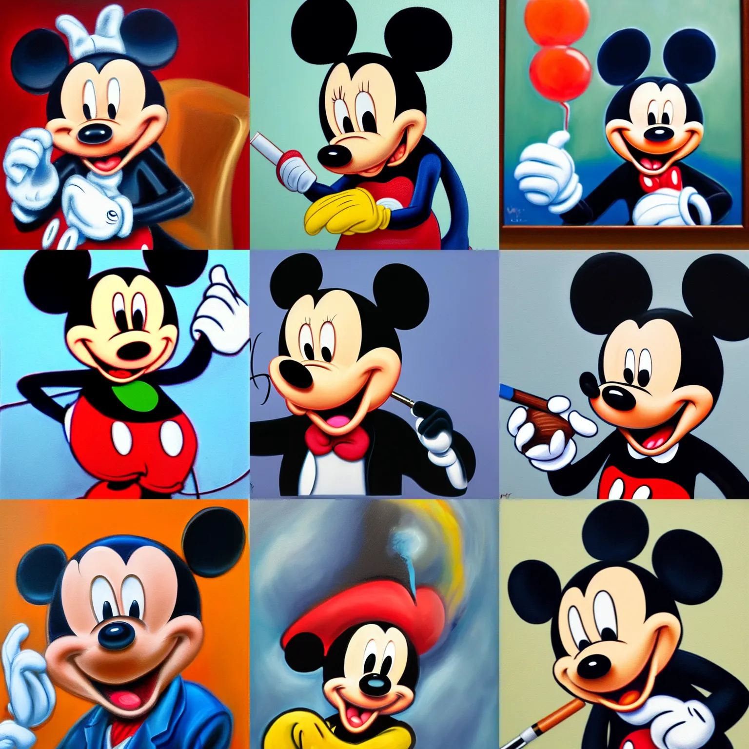 Prompt: mickey mouse having a smoke, portrait, oil painting,