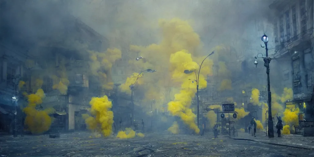 Image similar to kiev city streets covered in yellow and blue smoke, by jeremy mann, by kim keever