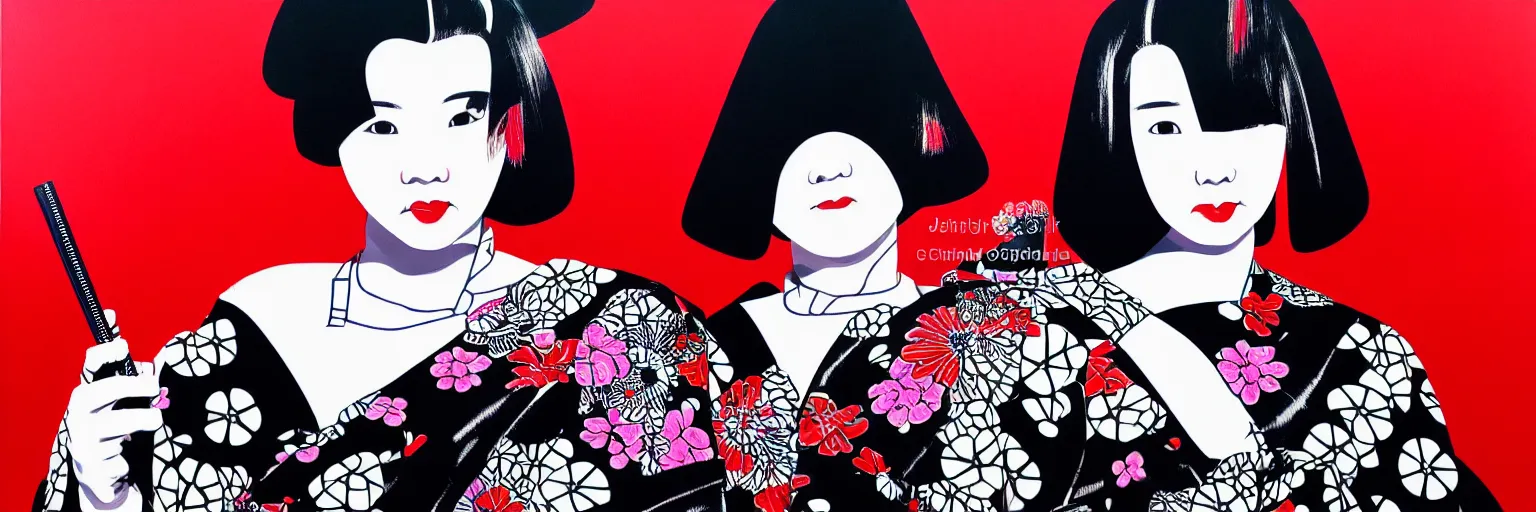 Image similar to hyperrealism composition of the detailed woman in a japanese kimono sitting at an extremely detailed poker table with darth vader, terminator, fireworks on the background, pop - art style, jacky tsai style, andy warhol style, acrylic on canvas