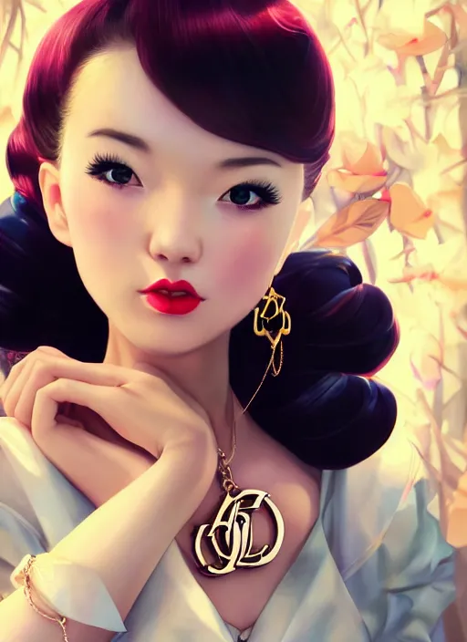 Image similar to a pin up and beautiful fashion dreamlke japan girl with lv jewelry, character art, art by artgerm, wlop, loish, hyperdetailed, 8 k realistic, symmetrical, global illumination, radiant light, frostbite 3 engine, cryengine, dof, trending on artstation, digital art, chanel, dior, detailed background