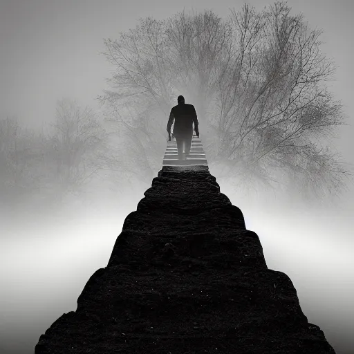 Image similar to a hand holding a step ladder emerges from the mist