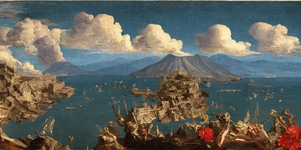 Prompt: tilt shift, gulf of Naples, Vesuvius, italian masterpiece, sky in background, wyvern, wind rose, Ashford Black Marble, sculpture, baroque, draped with red Hibiscus and vines and spines, marble and hint gold, space, stars, clouds, suns, moons, drapes, fruits, Obsidian, pomegranade, armour, medieval globe, glass, portrait, mage, centaur, siren, lion, chariot, snails, render, artstation, ultra detailed