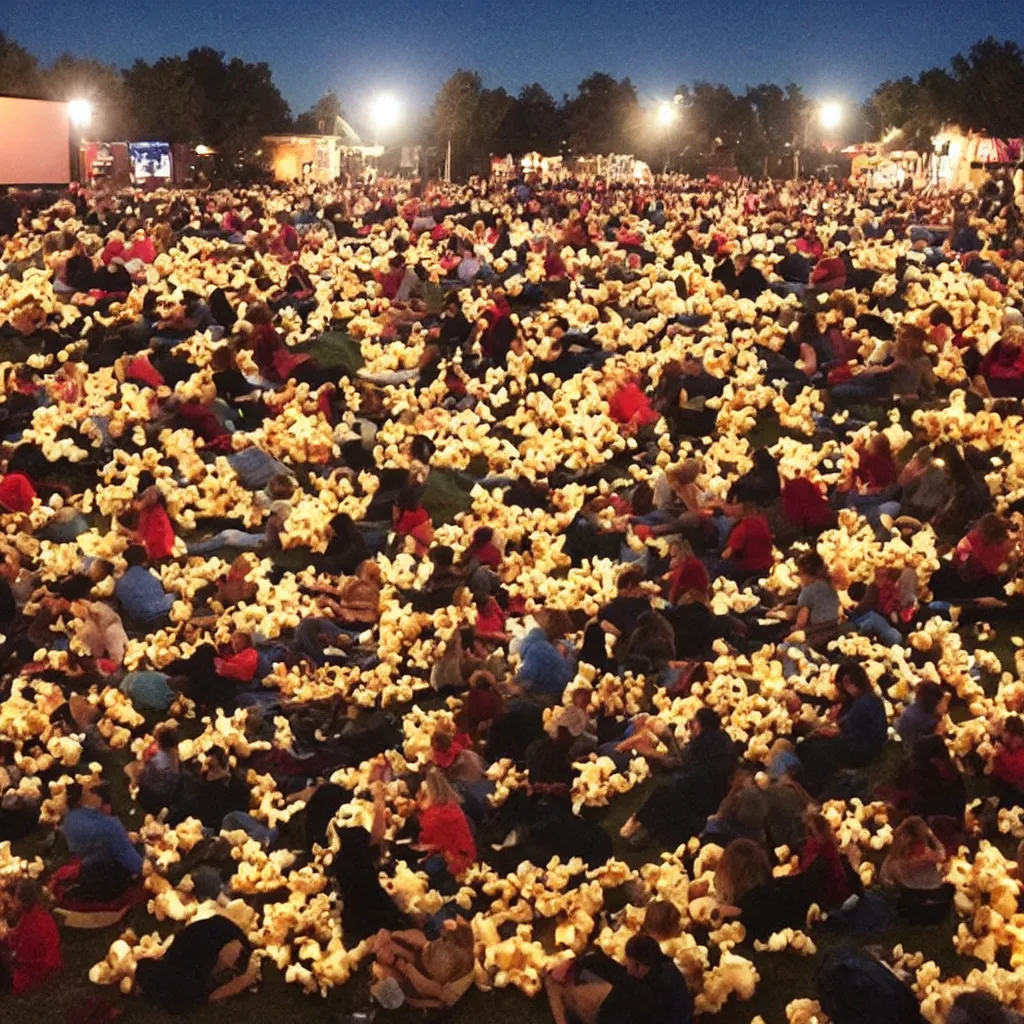 Image similar to outdoor cinema with giant popcorn kernels at night