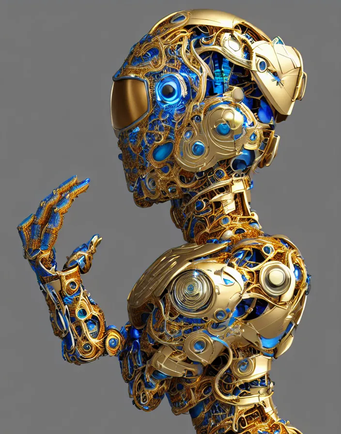 Prompt: complex 3 d render of a beautiful porcelain cyber robot ai face, blue and gold, fractal veins, vegetal dragon cyborg, 1 5 0 mm, beautiful natural soft light, rim light, silver gold details, roots, fine lace, mandelbot fractal, anatomical, glass, facial muscles, elegant, ultra detailed, metallic armor, octane render