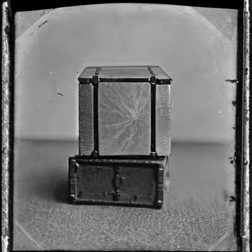 Image similar to 1 8 8 5 photo of a riveted companion!! cube!! from portal 2, daguerrotype, high quality