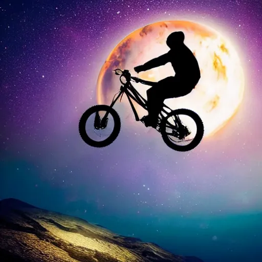 Image similar to surreal, dreamlike image of a person riding a mountain bike througout deep space, view from camera placed on his helmet