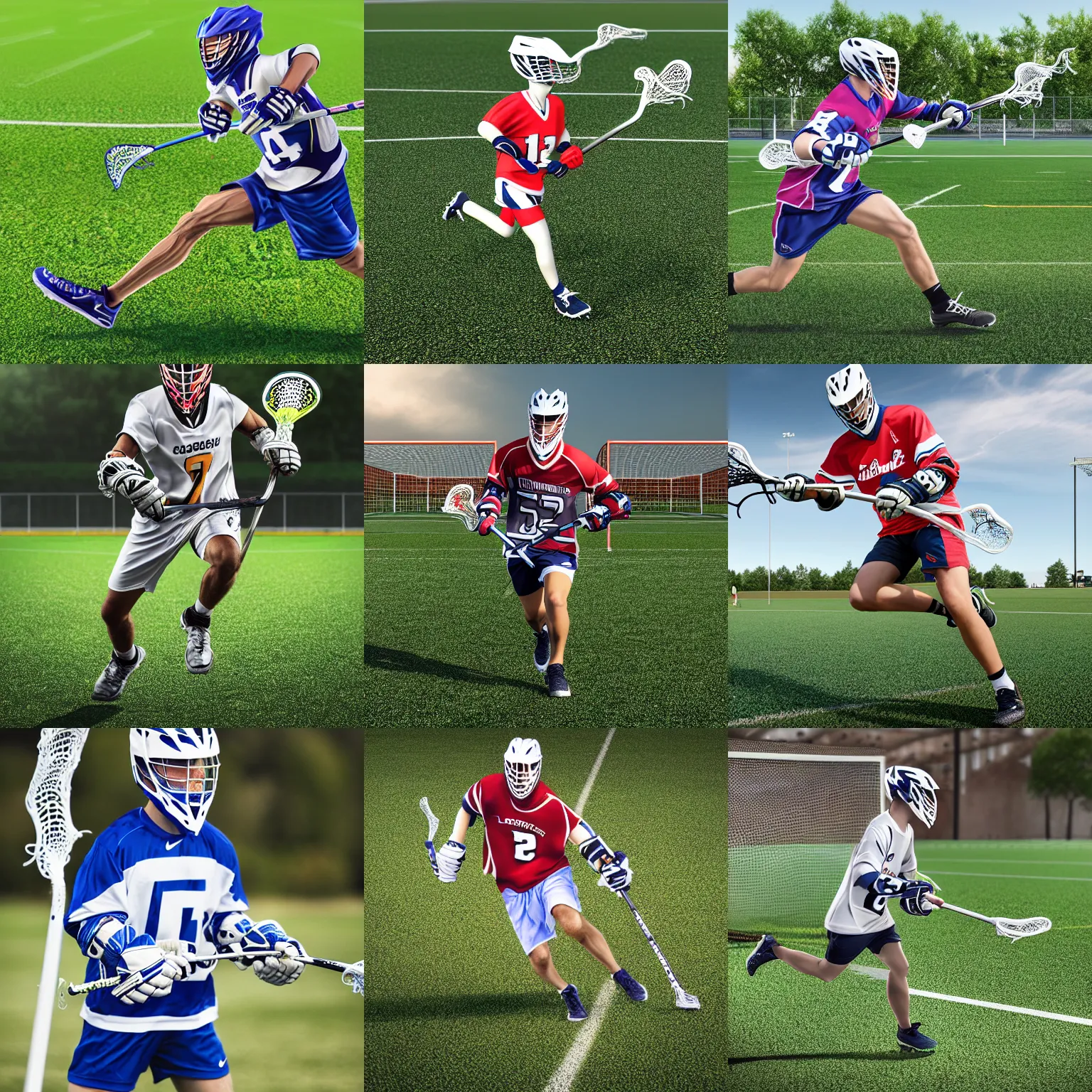 Image similar to lacrosse player, soccer field, cascade helmet, realistic, running, very detailed, 8k, high resolution, ultra realistic, no grain, symmetry, normal proportions, sports illustrated style, Cascade XRS Custom Lacrosse Helmet, brine lacrosse stick, Brine Lacrosse King V Gloves, normal feet, Nike Alpha Huarache 7 Elite, STX Surgeon 700 Lacrosse Arm Guards