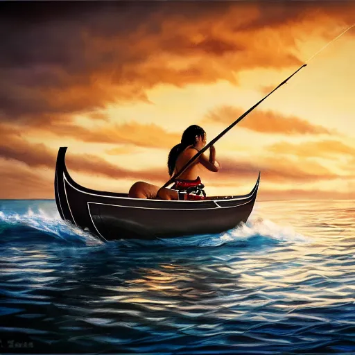 Image similar to a pacific islander warrior on a boat painting, 4 k, hyper realistic, dslr, high resolution, landscape, beautiful