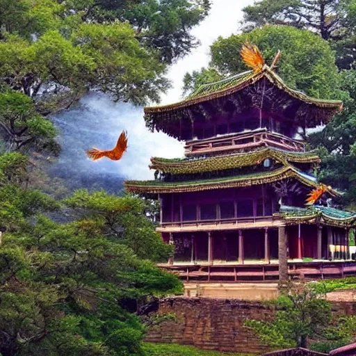 Prompt: an ancient temple with breathtaking architecture, surrounded by flying air bisons, dreamy, blooming ecosystem,