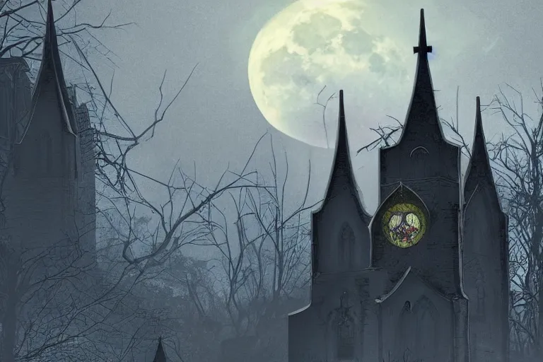 Prompt: an ultra detailed animation of a church steeple with bats in a graveyard at midnight on halloween, digital art, dark fantasy, concept art, soulslike, by alphonse mucha, blood moon eclipse, ruined building in the background, artstation, 8 k, unreal engine render