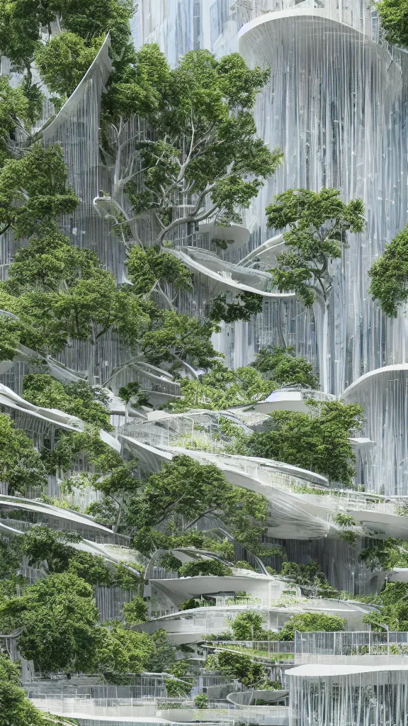 Prompt: photo in style of hiroshige and piranesi. ecological parametric futuristic building in a urban setting. ultrarealistic, white page. mossy buildings have deep tall balconies with plants, trees, and many people. thin random columns, large windows, deep overhangs. greeble articulated details. 8 k, uhd.
