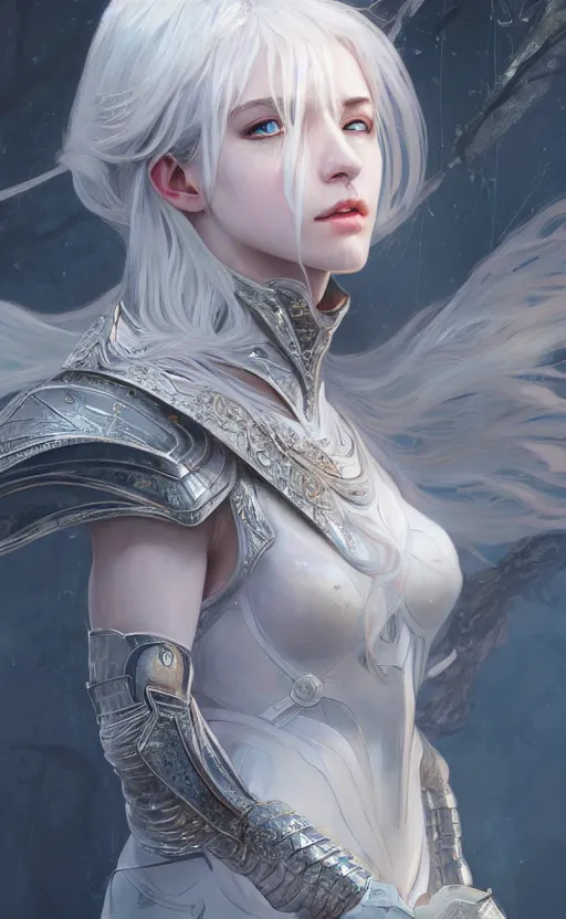 Image similar to portrait white hair knights of zodiac girl, sliver ice color reflected armor, in ruined agora of athens sunrise, ssci - fi and fantasy, intricate and very very beautiful and elegant, highly detailed, digital painting, artstation, concept art, smooth and sharp focus, illustration, art by tian zi and wlop and alphonse mucha