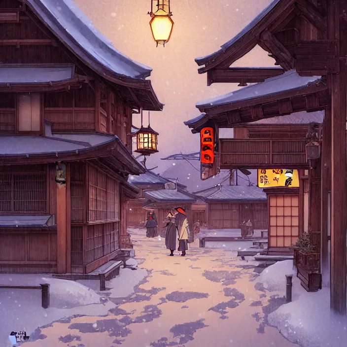 Image similar to empty rural japanese town at night, winter, in the style of studio ghibli, j. c. leyendecker, greg rutkowski, artem