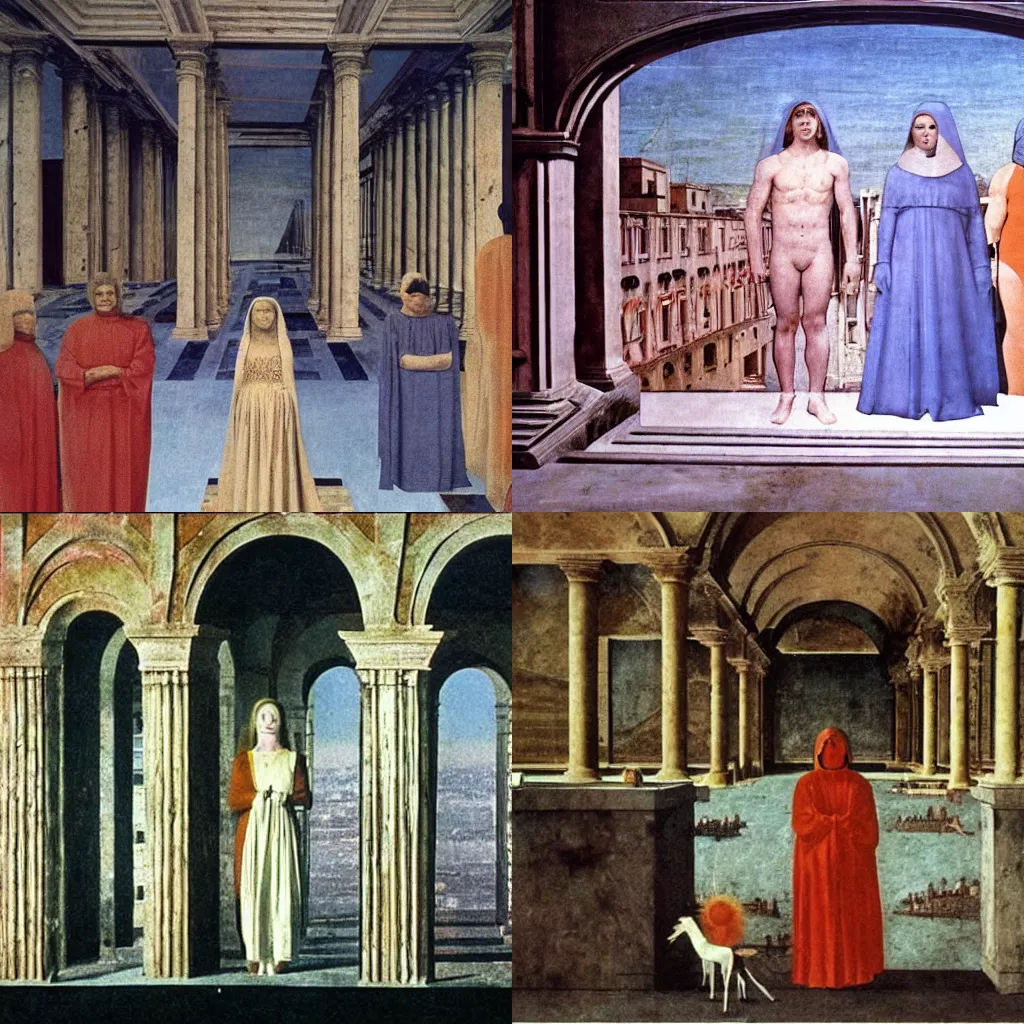 Prompt: a scene from the movie la felicita ( 1 9 7 1 ) a scifi, cyberpunk, futurist movie by luchino visconti in the style of the ideal city by piero della francesca with mastroianni, technicolor, cinematic, 5 0 mm, highly detailed