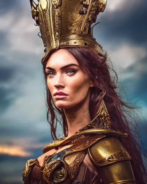 Prompt: photorealistic head and shoulders photo of beautiful victorian female ornate fantasy greek elf spartan warrior goddess, megan fox, wind blown hair, seductive, confident, Neil Blevins, Frank frazetta, arney freytag, Ritu Kumar, Sabyasachi Mukherjee, Annie Leibowitz, Magic the gathering,octane, bokeh, 8k, fashion pose, cinematic, 28mm