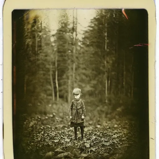 Image similar to Polaroid photo of Victorian child hovering in the clearing of a forest