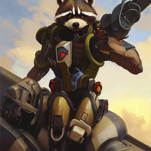 Image similar to greg manchess portrait painting of armored rocket raccoon as overwatch character, medium shot, asymmetrical, profile picture, organic painting, sunny day, matte painting, bold shapes, hard edges, street art, trending on artstation, by huang guangjian and gil elvgren and sachin teng