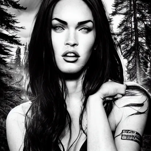 Prompt: double - exposure effect of megan fox face in beautiful mountains, in the style of dan mountford, amazing detail, black and white